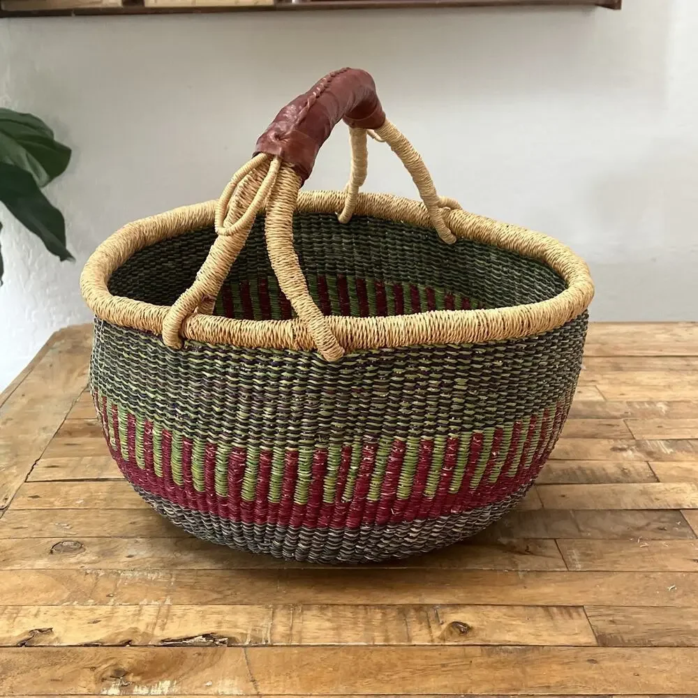 Vintage Hand-woven African Bolga Basket Leather Handle 15